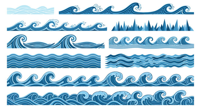 A collection of stylized vector illustrations showcasing various blue ocean wave patterns, perfect for decorative borders, design elements, and backgrounds with a nautical or aquatic theme.