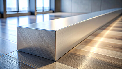 Modern architectural design concept : a close-up of a sleek, metal beam installed, casting intriguing shadows on a polished wooden floor, a testament to contemporary design and minimalist aesthetics.