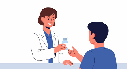 Obraz premium Pharmacist handing medication to a patient in a medical setting.