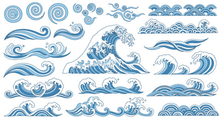 A comprehensive collection of stylized blue ocean wave vector illustrations, showcasing traditional Japanese art for decorative design backgrounds and patterns.