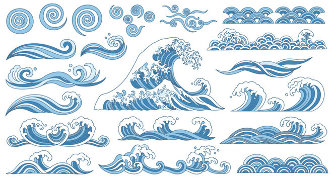 A comprehensive collection of stylized blue ocean wave vector illustrations, showcasing traditional Japanese art for decorative design backgrounds and patterns.