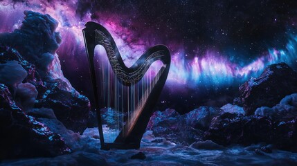 A celestial harp stands amidst a cosmic landscape with vibrant purple and blue aurora lights and dark, mystical rocks.