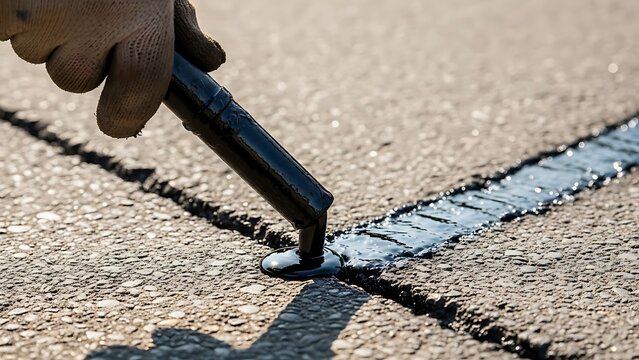 Applying sealant filling to mend cracks on an asphalt surface pavement