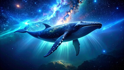 Majestic Star-Speckled Whale Gliding Through a Luminous Cosmic Ocean Under a Vibrant Nebula.