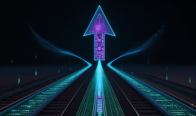 Neon arrow on glowing tracks, futuristic digital path ahead.