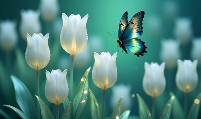 Butterfly glides above glowing tulips in serene, ethereal garden bathed in soft blue light.