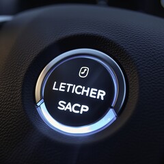 Close-up of a circular button labeled 'LETICHER SACP' with illuminated text and a symbol, set in a textured dark surface.
