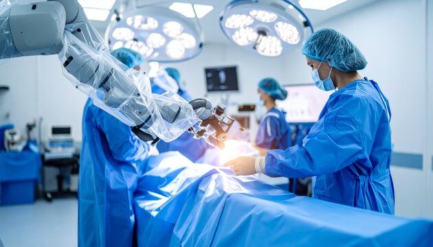 Surgeons and Advanced Robotic Arm Collaborate on a Delicate Procedure in a Modern Operating Room