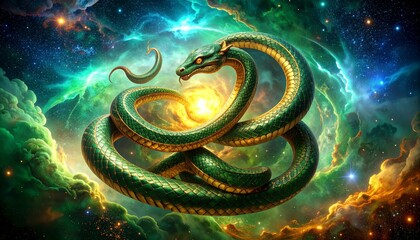 Majestic Cosmic Serpent with Emerald Scales Coiled in a Luminous Nebula