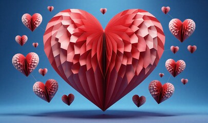 Large red origami heart surrounded by smaller hearts against blue background.