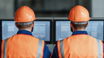 Two Construction Workers in Safety Gear Observing Monitors on Site at Modern Industrial Facility