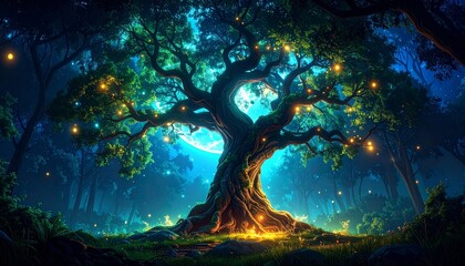 Ancient Tree of Light Glowing with Orbs in a Moonlit Fantasy Forest