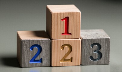 Wooden blocks numbered one, two, three in podium arrangement for ranking or competition.
