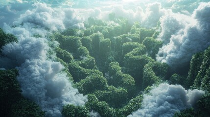 Aerial view of a lush green forest valley with a winding, maze-like pattern, surrounded by clouds and illuminated by sunlight.
