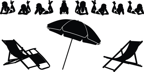 Summer beach leisure silhouettes set with sunbathing women poses, deck chairs and parasol umbrella, vacation relaxation concept, black vector illustration isolated © Shoentesh