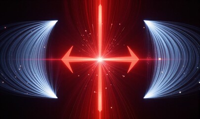 Red and blue light beams converge at center, forming glowing arrows against dark space.