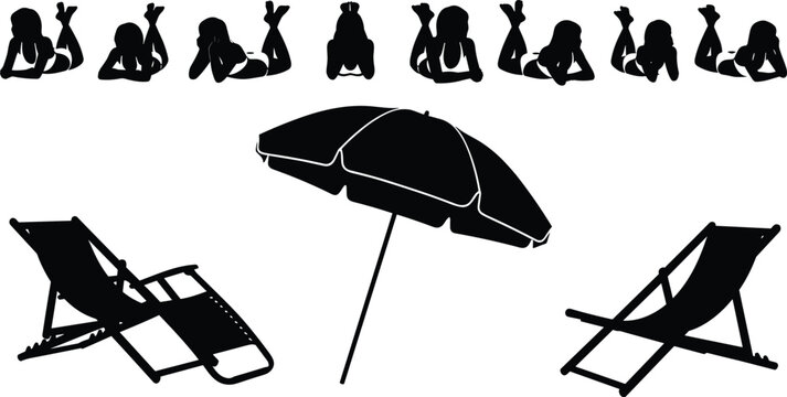 Summer beach leisure silhouettes set with sunbathing women poses, deck chairs and parasol umbrella, vacation relaxation concept, black vector illustration isolated - Powered by Adobe