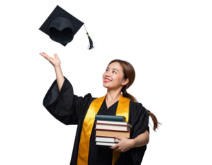 Smiling Graduate Tossing Cap While Carrying Books, Dynamic Celebration Pose, isolated 