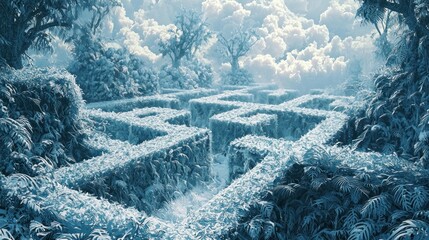 An intricate, frosty blue hedge maze set within a magical, wintery landscape under a cloudy sky.