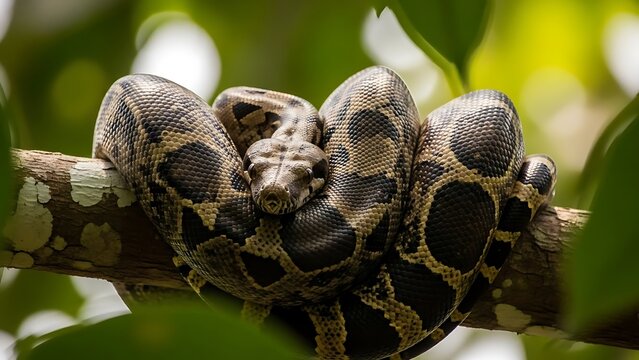 Close-up of a coiled python snake with intricate patterns resting on a tree branch