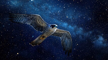 Peregrine falcon soaring through a vibrant starry night sky with the Milky Way.