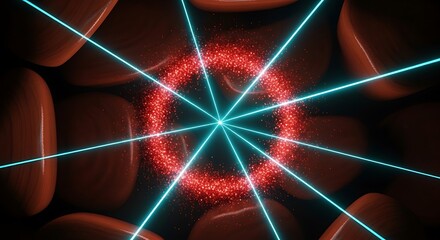 Dynamic interplay of neon beams, glowing ring, and rounded geometric shapes
