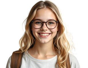 Obraz premium Cinematic Portrait of Young Student Girl with Glasses, Smiling, Front View, PNG 