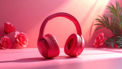 Vibrant Pink Headphones on a Pink Background with Floral Accents and Bright Lighting
