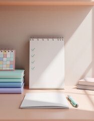 Pastel colored desk setup with checklist notebook, books, and pen in natural sunlight