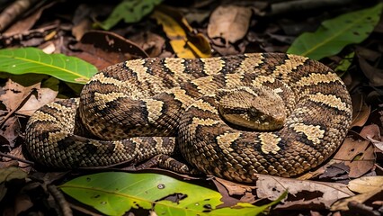 Obraz premium Camouflaged pit viper coiled on forest floor amidst fallen leaves and green foliage