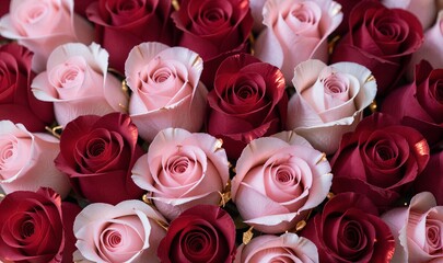 Close-up of vibrant pink and deep red roses, elegant floral arrangement.