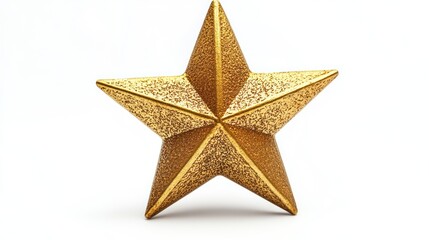 Fototapeta premium A golden star centered on a plain white background viewed directly from the front.