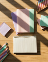 Vertical flat lay of open spiral notebook, pastel books, and colored pencils on wooden desk