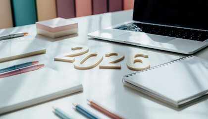 Business workspace with wooden number 2026, laptop, and notebooks on white desk