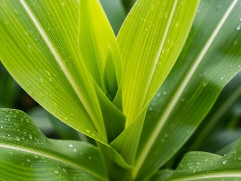 Emergence of new growth corn leaves bathed in the morning dew drops