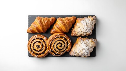 Assortment of freshly baked pastries including croissants and cinnamon rolls on a slate board