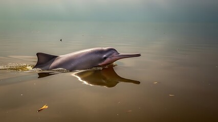 Ganges River Dolphin swims gracefully through murky waters with its reflection visible