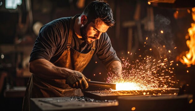 Focused Craftsman Forging Steel Amidst a Shower of Fiery Sparks