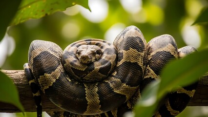 Large python coiled on a tree branch surrounded by lush green leaves and soft bokeh background