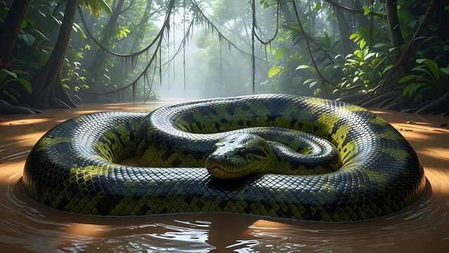 Massive anaconda coiled in murky jungle river, sunlight filtering through dense canopy above, amazon