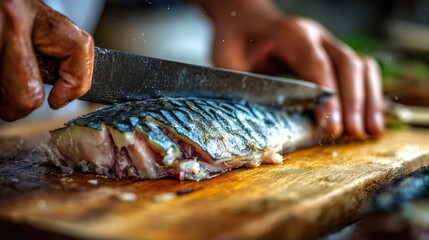 Precision in Culinary Artistry: An expert hand wields a sharp knife, delicately dissecting a fresh fish on a well-worn wooden cutting board, capturing the art of culinary expertise.