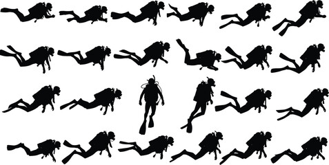 Scuba diver silhouettes vector collection, underwater swimming and diving poses set, professional equipment scenes, marine sport illustration, ocean exploration design