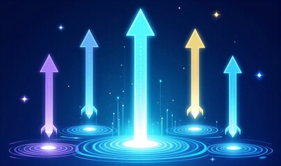 Neon rockets ascend in digital space, glowing trails marking futuristic launch journey.