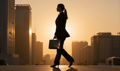 Silhouetted businesswoman walks confidently through cityscape at golden sunset, handbag in tow.