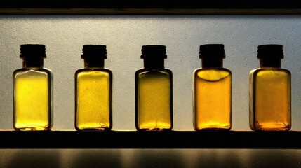 Colorful Glass Bottles Filled With Liquid Arranged in a Line Against a Softly Lit Background