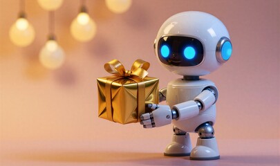 Fototapeta premium Cute robot holds golden gift, glowing blue eyes under warm string lights.