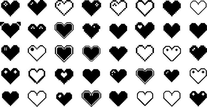 Black and White Pixel Art Heart Icons Set, Vector Graphics for Web Design and UI Elements