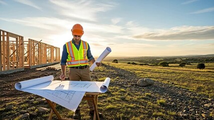 A construction worker in a hard hat and safety vest reviews blueprints on a building site at sunset.