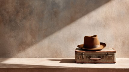 Stylish Brown Hat Resting on Vintage Suitcase Against a Textured Wall With Soft Lighting