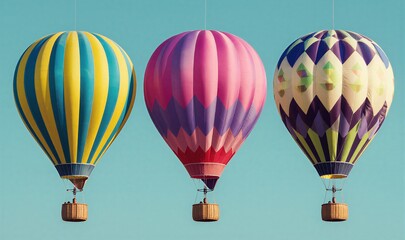 Fototapeta premium Three colorful hot air balloons soar against a clear blue sky.